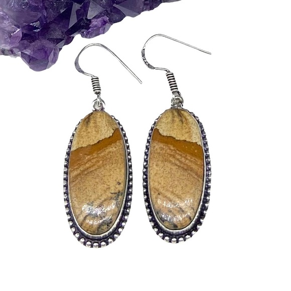 Artisan Jewelry - Picture Jasper Earrings Dangle Drop Sterling Silver 925 Pierced Tan Brown Oval